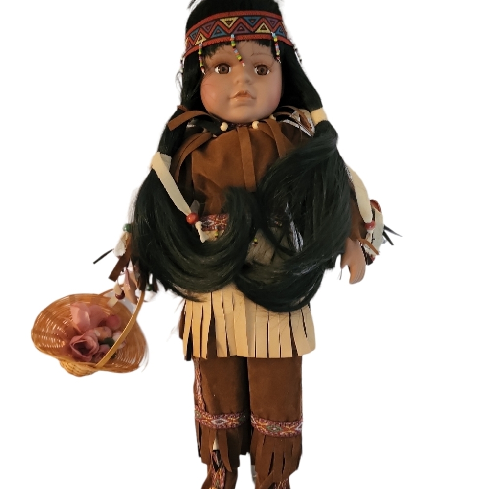 Cathay Collection Porcelain Native American Indian Girl Doll holding basket